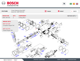 Technical diagram of a power steering gear with Bosch branding on a website.