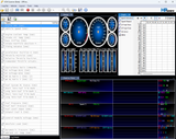 Software interface for automotive diagnostics with various gauges and data tables.