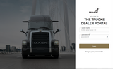 Mack truck on a bridge with login interface for Mack Trucks Dealer Portal on the right.