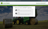 John Deere Service Advisor software interface with tractor and bales in the background