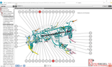 Technical diagram of a vehicle's component layout with labeled parts on a computer screen.